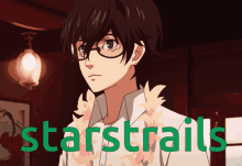 a picture of a boy with glasses and the word starstrails on the bottom