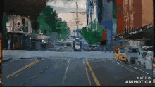 a painting of a city street with the words made in animotica below it