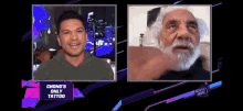 a man with a beard is talking to another man with a sign that says chong 's only tattoo on it