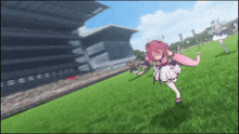 a girl in a pink and white dress is running in a field
