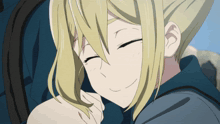 a blonde anime girl with her eyes closed and a smile on her face