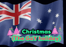 a british flag with christmas trees and the words christmas ( the gay holiday )