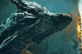 a close up of a dragon 's head with a flame coming out of it 's mouth