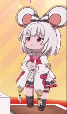a cartoon girl with white hair and red eyes is wearing a mouse headband