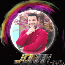 a man in a red shirt is in a circle with the name jonah written on it