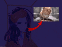 a girl is singing into a microphone in front of a picture of a cat .