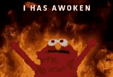 elmo is surrounded by flames and the words i has awoken