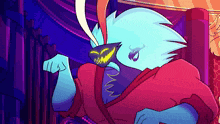 a cartoon drawing of a blue monster wearing a red robe