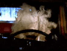 a woman in a wig is driving a car with smoke coming out of her hair
