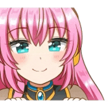 a close up of a pink haired anime girl with blue eyes smiling .