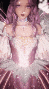 a girl with purple hair and a pink dress
