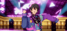 a man in a purple and blue outfit is standing in front of a purple background