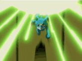 a cartoon drawing of a blue cat surrounded by green lightning