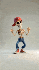 a skeleton wearing a red hat and jeans is dancing
