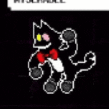 a pixel art drawing of a black cat with a red bow tie .