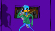 a cartoon of a blue bird holding a gun with the number 931 on the back