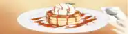 a person is holding a spoon next to a plate of pancakes and ice cream .