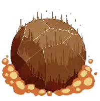 a pixel art drawing of a brown sphere with bubbles surrounding it