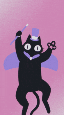 a black cat in a top hat holding a wand