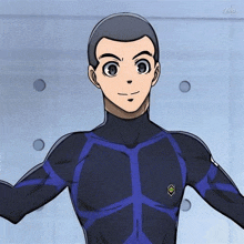 a man in a blue and black suit is standing in a room .