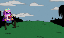 a cartoon character with a purple head and a crown