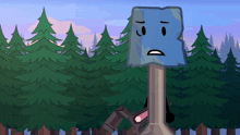 a cartoon character is standing in a forest