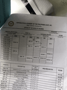 a schedule for the aeronautical academy of the philippines ( aap ) inc.