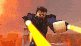 a cartoon character is holding a gun with a yellow light coming out of it .