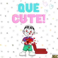 a cartoon character is holding a bouquet of hearts and the words que cute