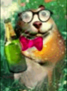 a dog wearing glasses and a bow tie holding a bottle of champagne