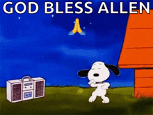 a cartoon of snoopy dancing in front of a boombox with the words god bless allen on the bottom