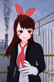 a girl with a red bow in her hair is wearing a black jacket and tie