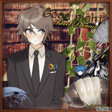 a picture of a boy in a suit and tie with the words good night sweet dreams on it