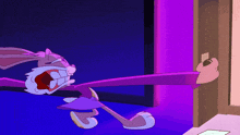 a cartoon of bugs bunny in a purple outfit is standing in front of a door