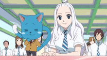 a girl with white hair and a blue cat are sitting next to each other in a hallway