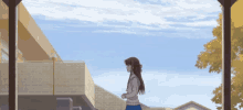 a girl with long hair is standing in front of a building with a blue sky in the background