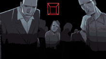 a drawing of a man standing next to a red object that says ' a ' on it