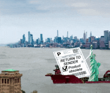 the statue of liberty is on a boat with a return to sender product obsolete label on it