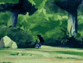 a cartoon drawing of a person walking through a forest