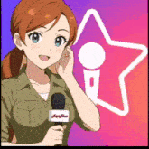 a cartoon of a girl holding a microphone and a star in the background