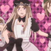 a girl in a maid outfit with the words " flap flap " on the bottom