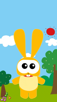 a cartoon rabbit is standing in a field with trees and a sun behind it
