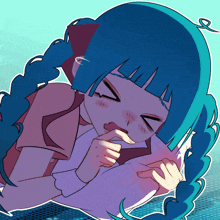 a drawing of a girl with blue hair making a silly face