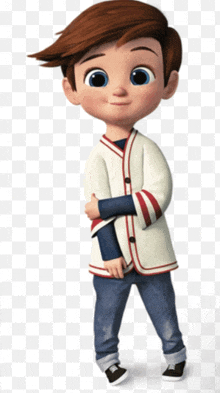 a cartoon boy wearing a baseball jacket and jeans
