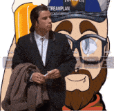 a man in a suit is standing in front of a cartoon man with streamplan on his hat