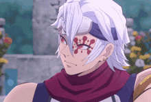a man with white hair and red eyes has a scarf around his neck