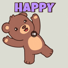 a cartoon teddy bear with the word happy above him