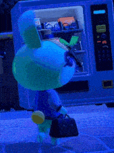 a cartoon character is standing in front of a vending machine holding a briefcase