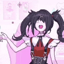 a pixel art of a girl with pigtails wearing a red top and suspenders .
