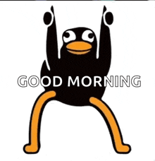 a cartoon penguin is hanging upside down with the words good morning written below it